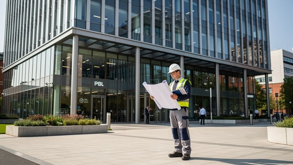 Commercial property surveyor in Birmingham assessing a modern office building in the West Midlands