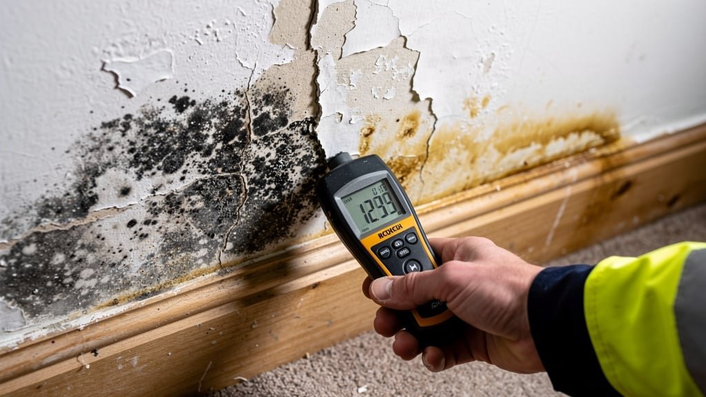 Surveyor using professional damp meter to inspect rising damp in a Birmingham residential property
