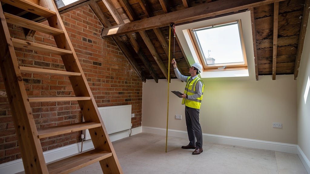 Surveyor inspecting a loft conversion interior in a Birmingham Victorian terraced house during a Level 3 building survey