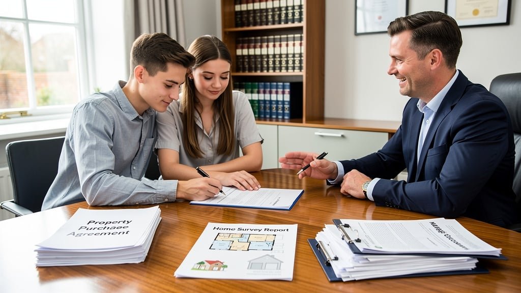 First-time buyers in Birmingham signing property documents with a property survey report on the table