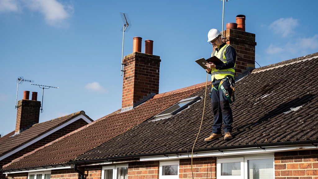 Surveyor inspecting roof tiles and chimney stacks during a building survey in Birmingham