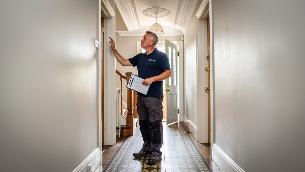 RICS surveyor with clipboard inspecting inside a Birmingham Victorian terraced house preparing for a building survey