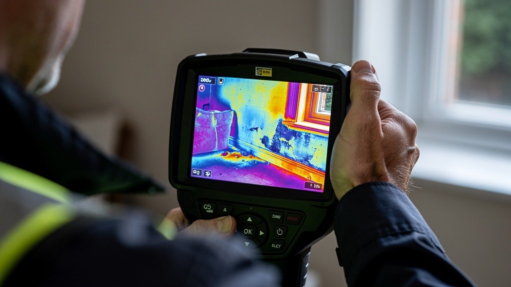 Thermal imaging camera being used during a property survey to detect heat loss and damp