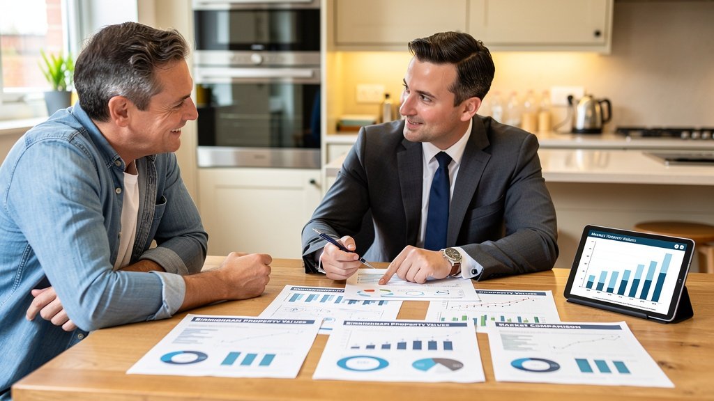 Property valuation consultation in Birmingham — surveyor presenting valuation report to homeowner