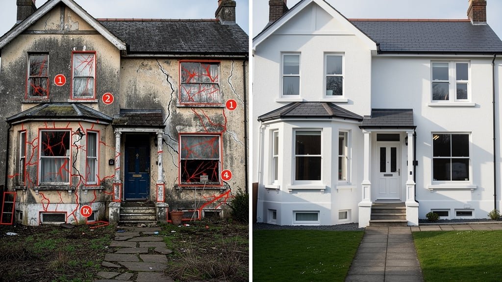 Before and after comparison showing property defects identified by Birmingham Surveyors UK building survey versus unidentified issues