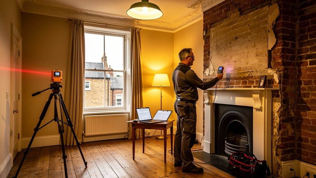 RICS building surveyor from Birmingham Surveyors UK conducting a Level 3 building survey inside a Victorian Birmingham property