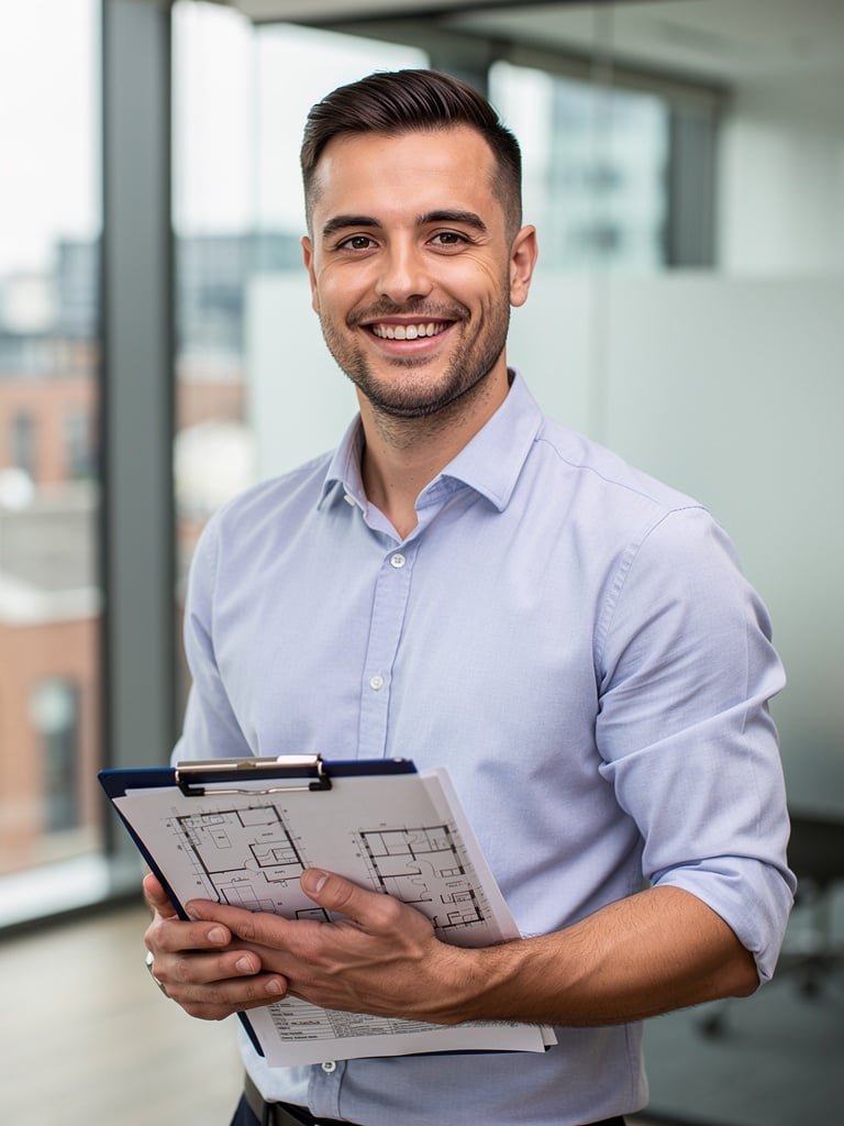 Tom Bradley, Residential and Commercial Surveyor at Birmingham Surveyors UK, holding survey documents